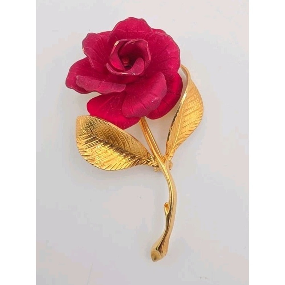 Vintage CERRITO Original Goldtone 2.25" Red Rose Flower Brooch Pin